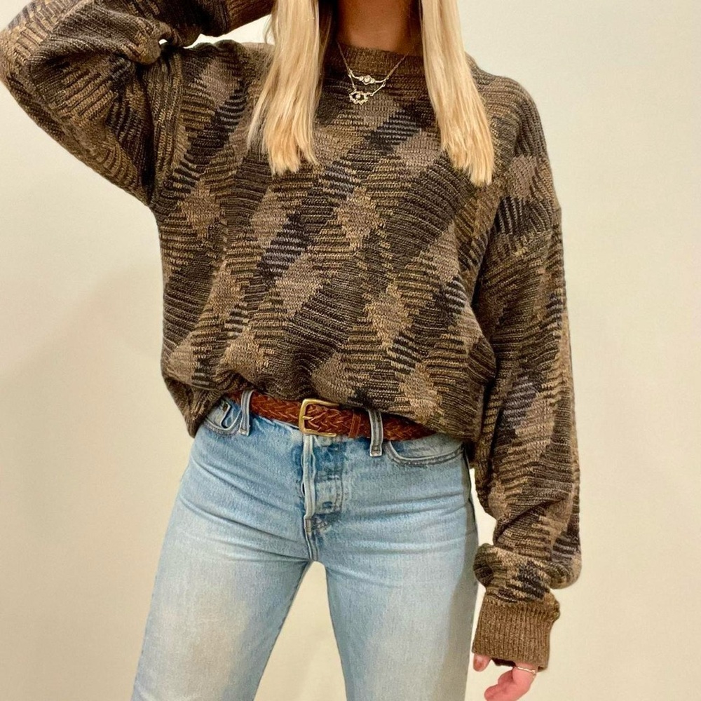Vintage Abstract Geometric Argyle Patterned Crewneck Sweater in Tan/Brown